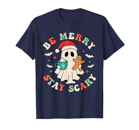 Be Merry Stay Scary Ghost Funny Halloween Christmas T-Shirt