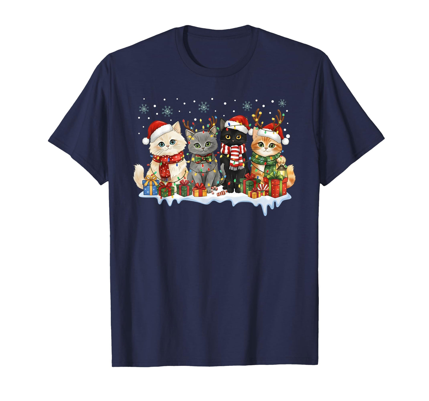 Cat Christmas Light Reindeer Santa Hat Cat Lover Xmas Women T-Shirt