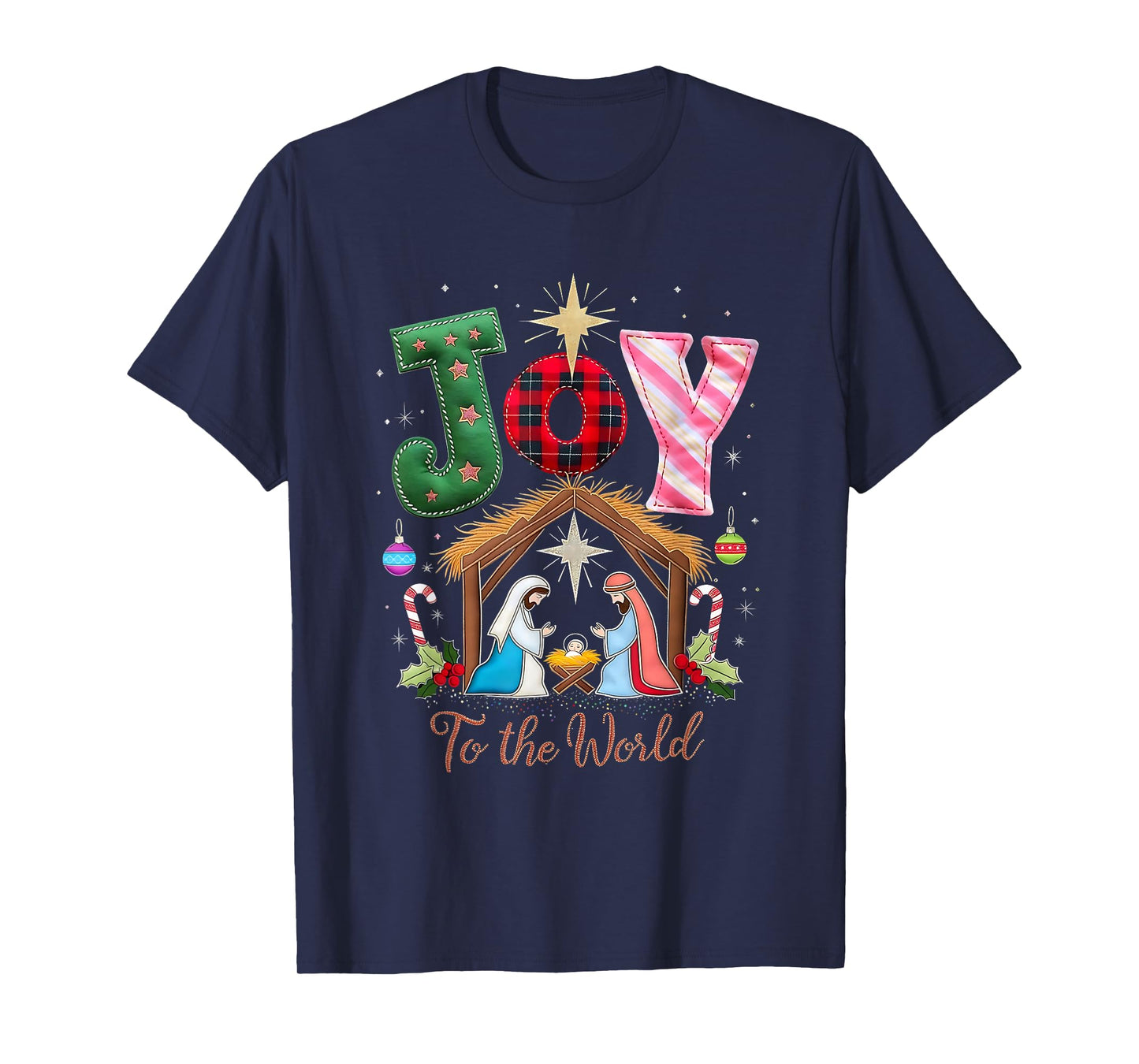 Joy to The World Patchwork Nativity Christmas T-Shirt