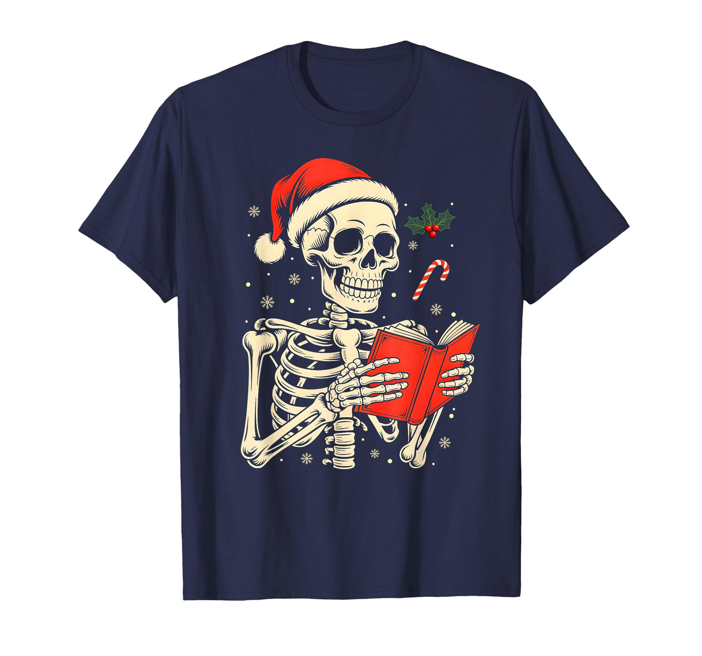 Skeleton Reading Book Christmas Teacher Librarian Book Lover T-Shirt