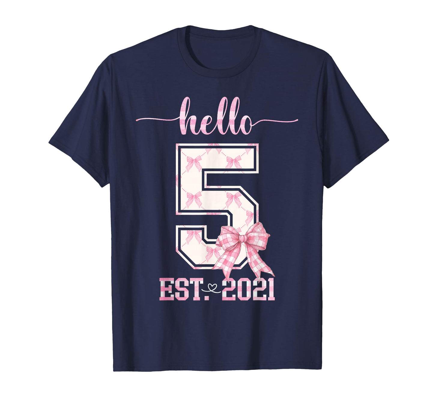 Hello 5 Est 2021 5th Birthday Girl Cute Pink Coquette Bow T-Shirt