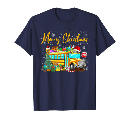 School Bus Driver Santa Hat Merry Christmas Tree Men Women T-Shirt