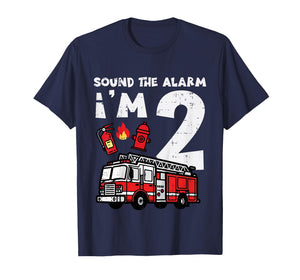 Kids Sound The Alarm Im 2 Firetruck 2nd Birthday Bday Boys Kids T-Shirt