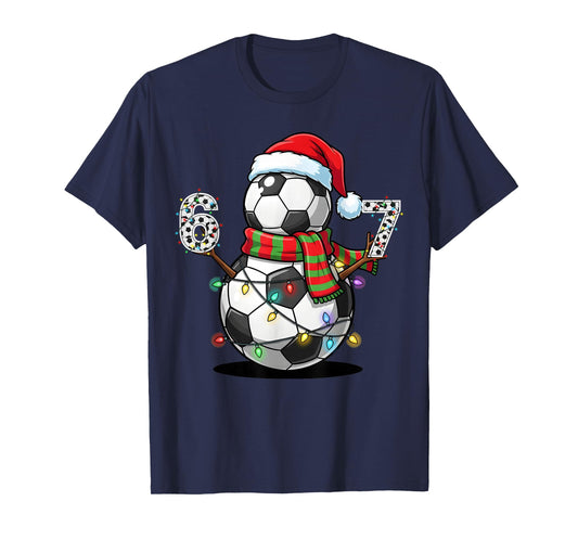 Soccer Snowman 67 Christmas Santa Hat Lights Holiday Season T-Shirt