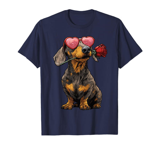 Cute Dachshund with Glasses Rose Valentine's Day Sausage Dog T-Shirt