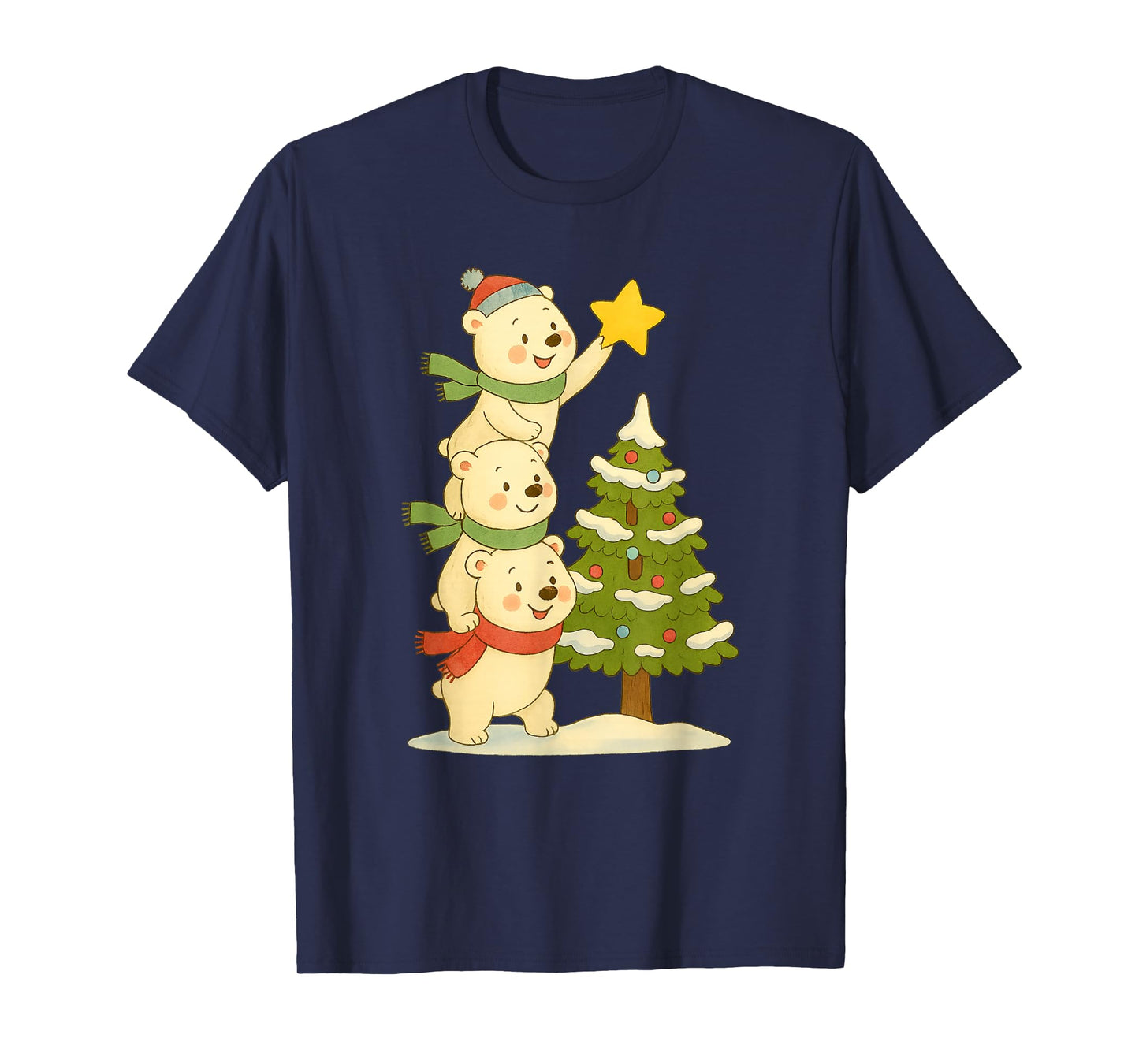 Cute Polar Bear Stacking Star on Tree Christmas T-Shirt