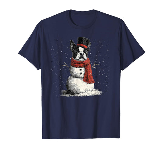 Funny Boston Terrier Dog Christmas Snowman Xmas Pajama T-Shirt