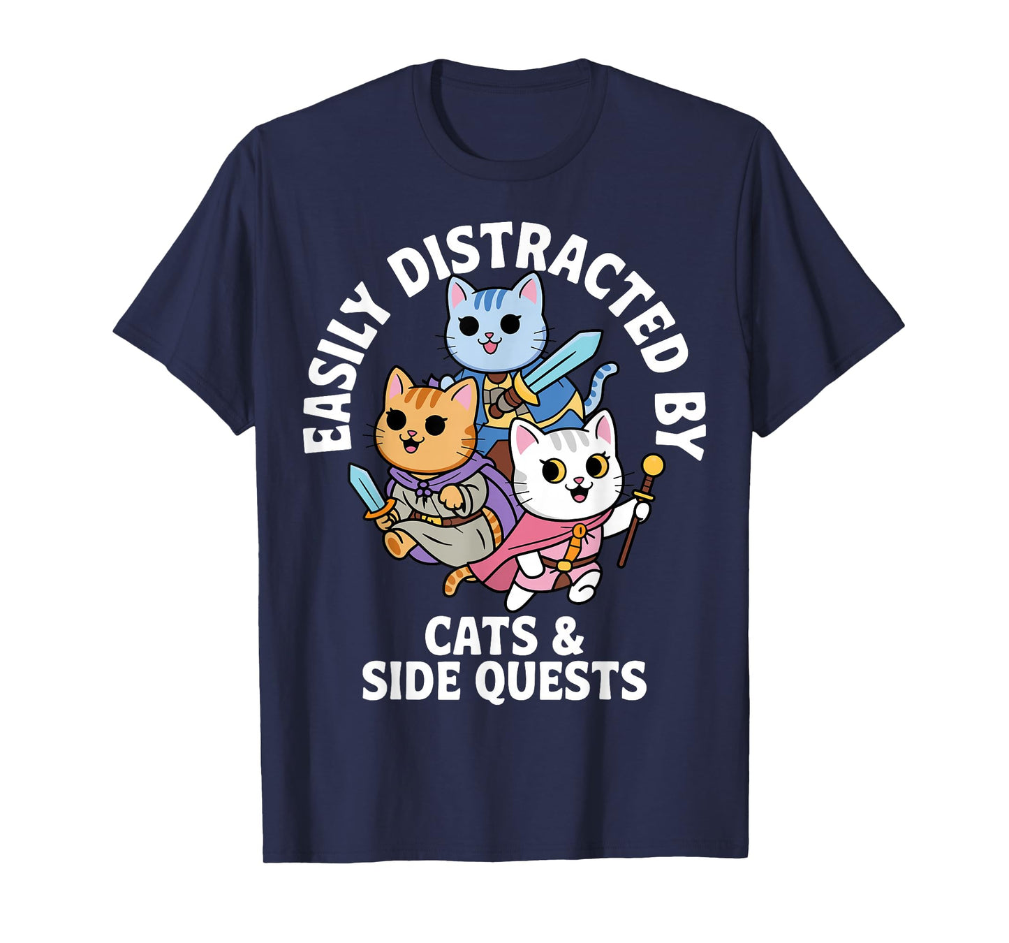Easily Distracted by Cats & Side Quests Role-Playing Fantasy T-Shirt