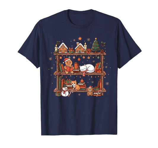 Christmas Cats Bookshelf Gingerbread T-Shirt