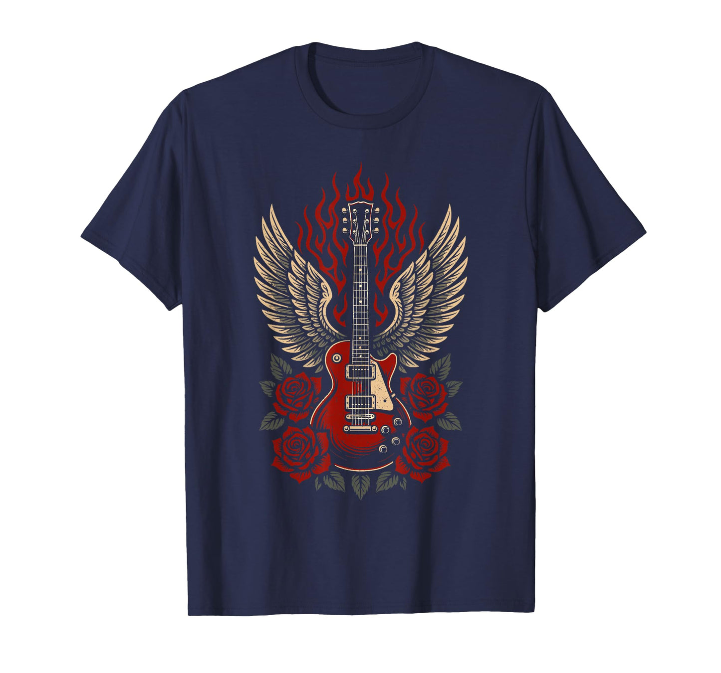 Vintage Electric Guitar Wings Roses Rock Graphic T-Shirt