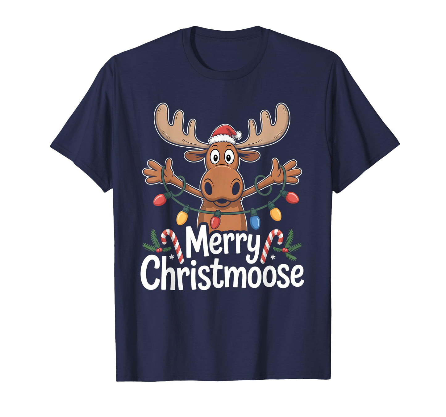 Merry Christmoose Christmas Tree Lights Santa Hat Moose T-Shirt
