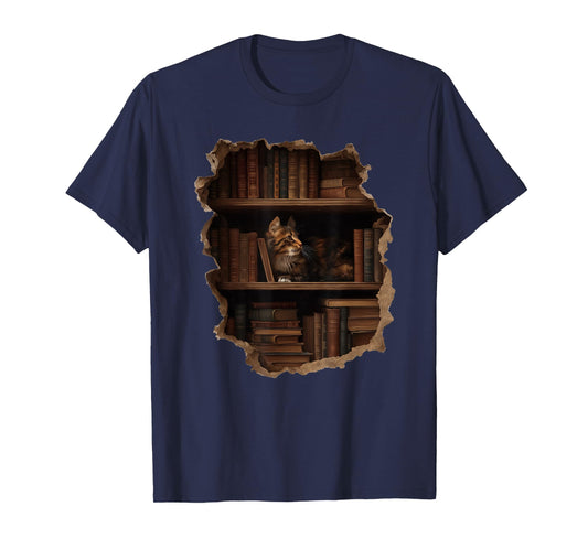 Cat and Boookshelves Hole in Wall Readers Stuff T-Shirt