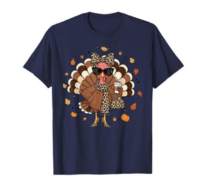 Leopard Turkey Drinking Coffee Thanksgiving Women Turkey Day T-Shirt