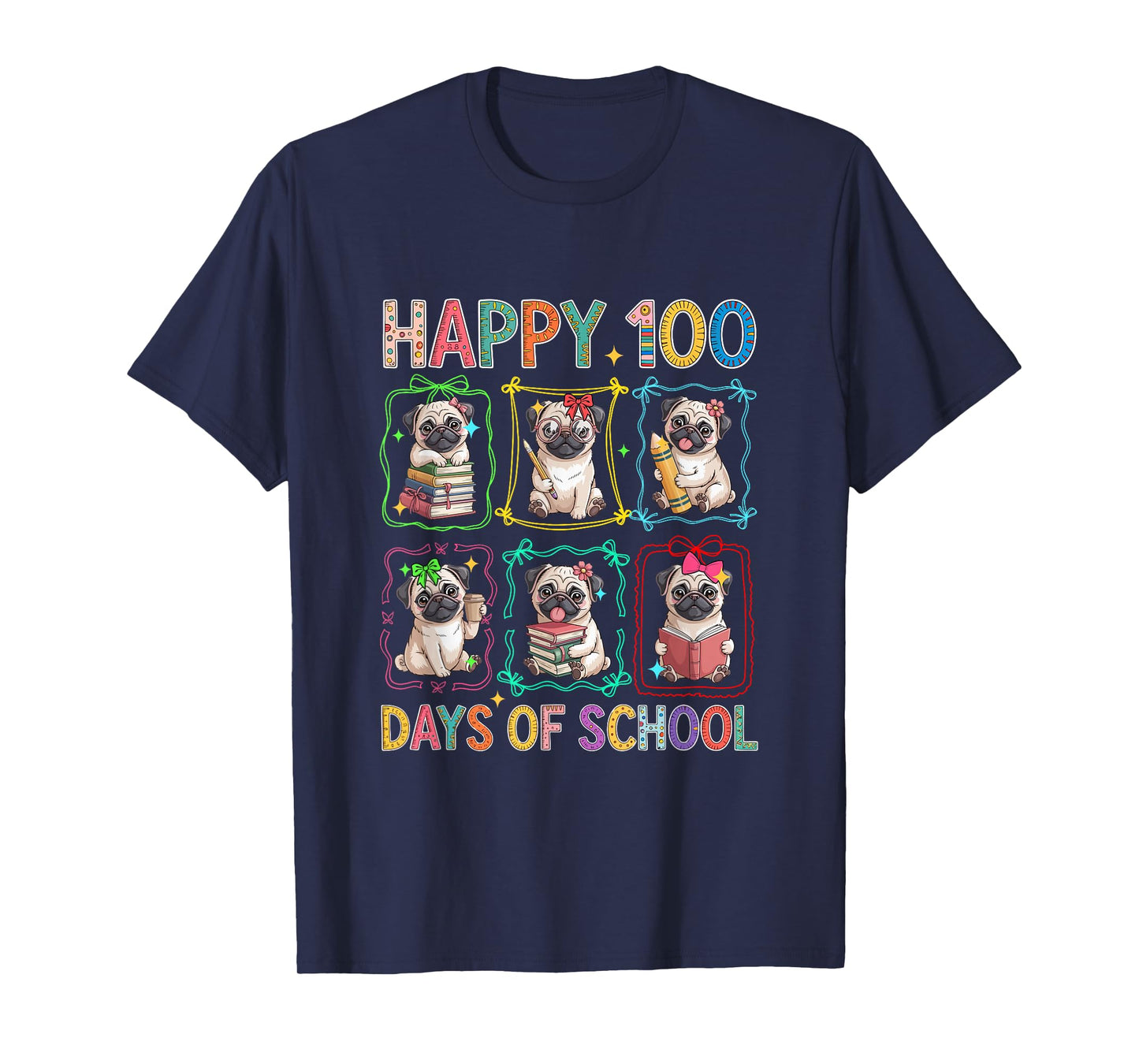 Happy 100 Days of School Colorful Group Pugs Students Kids T-Shirt