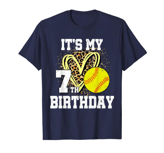 It's My 7th Birthday Softball Leopard 7 Year Old Birthday T-Shirt