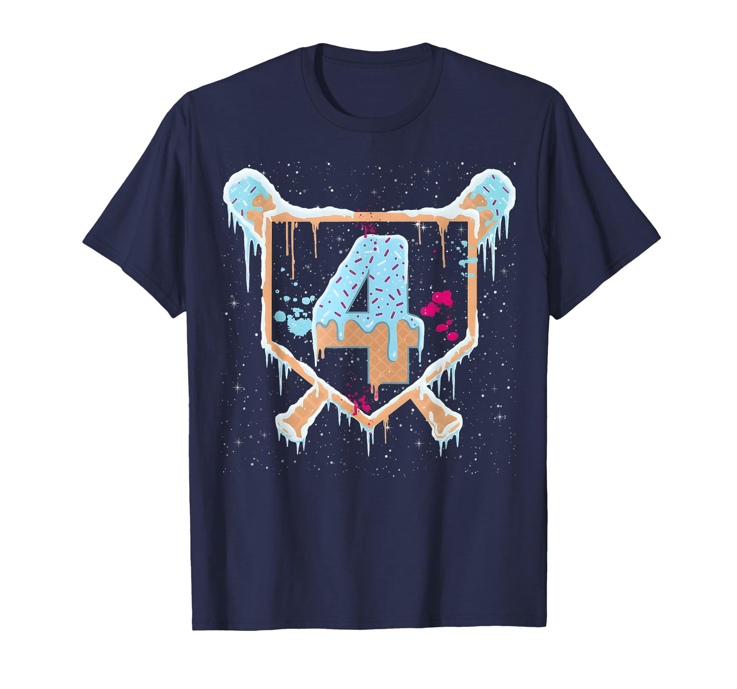 Baseball 4 Year Old Ice Cream Drip 4th Birthday Boy Number 4 T-Shirt