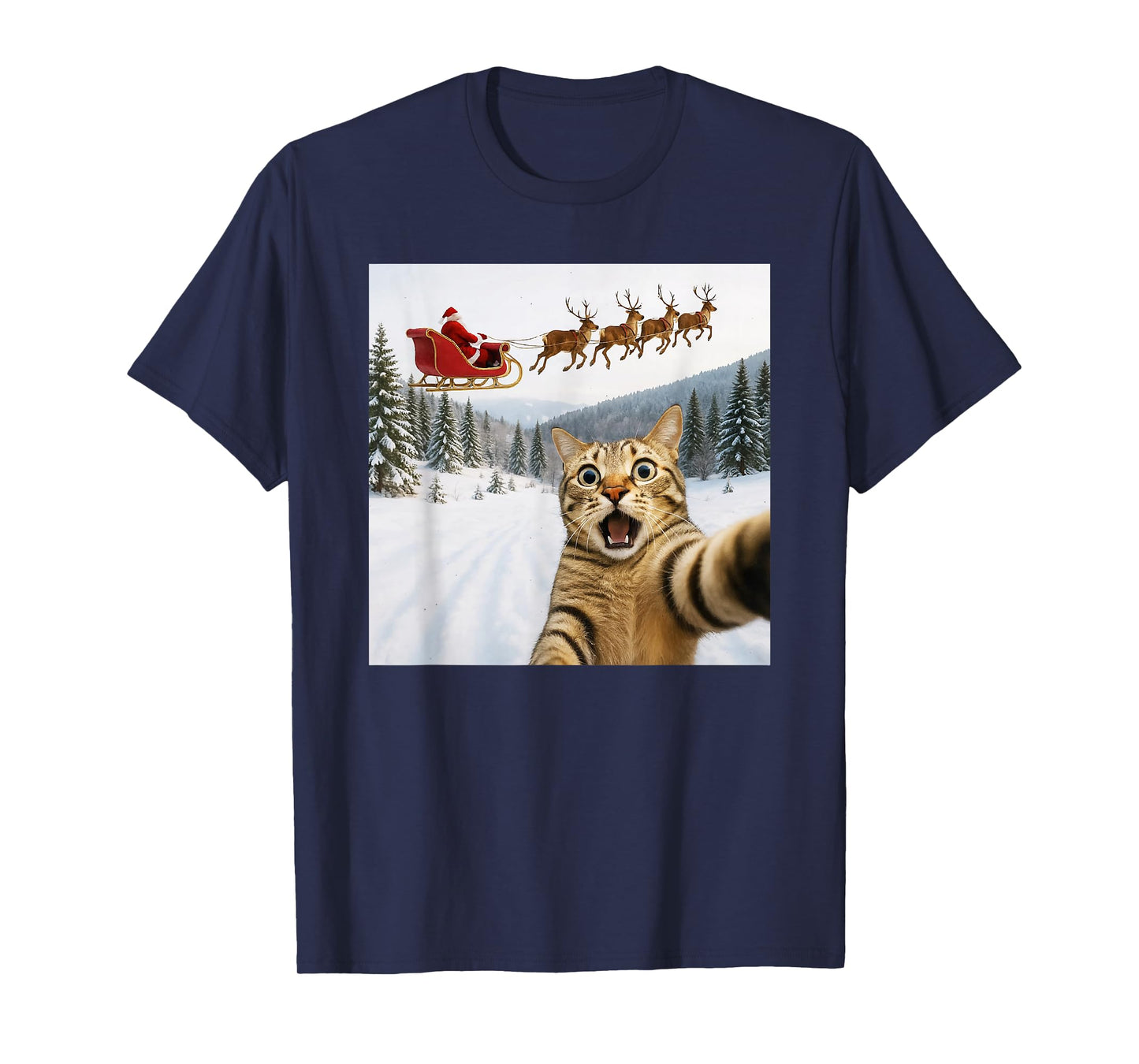 Funny Cat Selfie with Santa Sleigh Reindeer Xmas Christmas T-Shirt