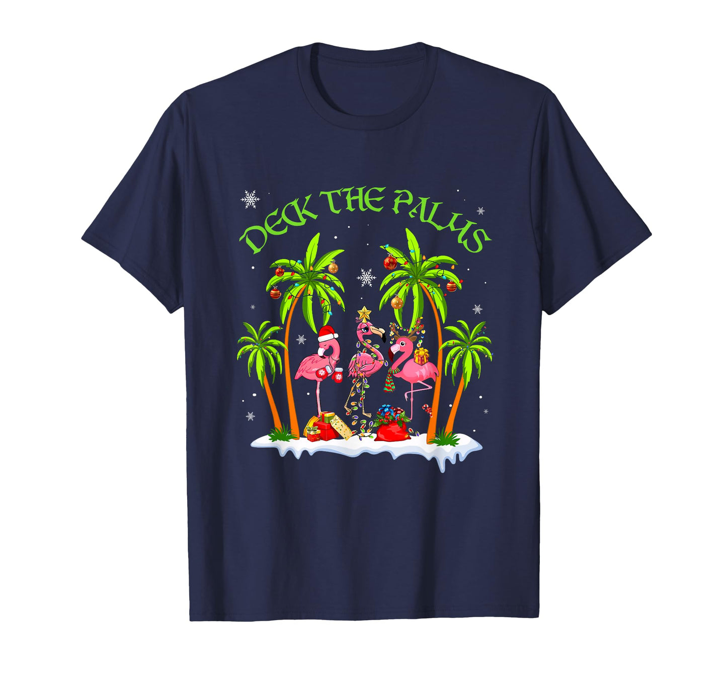 Deck The Palms Tropical Christmas Flamingo Santa Palm Tree T-Shirt