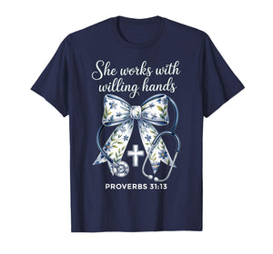 She Works with Hands Coquette Ribbon Faith Christian Nurse T-Shirt