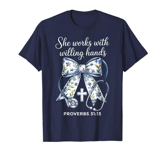 She Works with Hands Coquette Ribbon Faith Christian Nurse T-Shirt