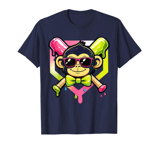 Cute Party Animals Baseball Funny Monkey Sunglasses T-Shirt