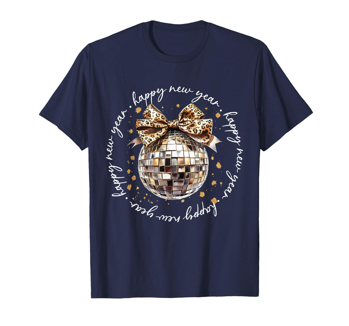 Happy New Year 2026 Disco Ball Leopard Pattern Bow Groovy T-Shirt