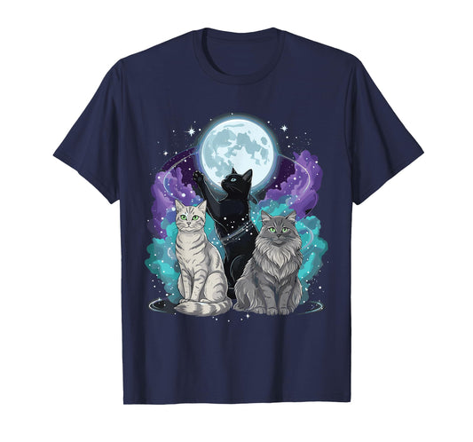 Three Moon Funny Cat Shirt Space Galaxy Cats Graphic T-Shirt