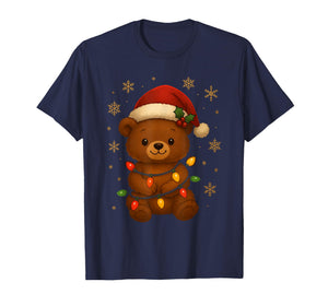 Cute Teddy Bear Christmas Tree Lights Santa Hat Funny Xmas T-Shirt