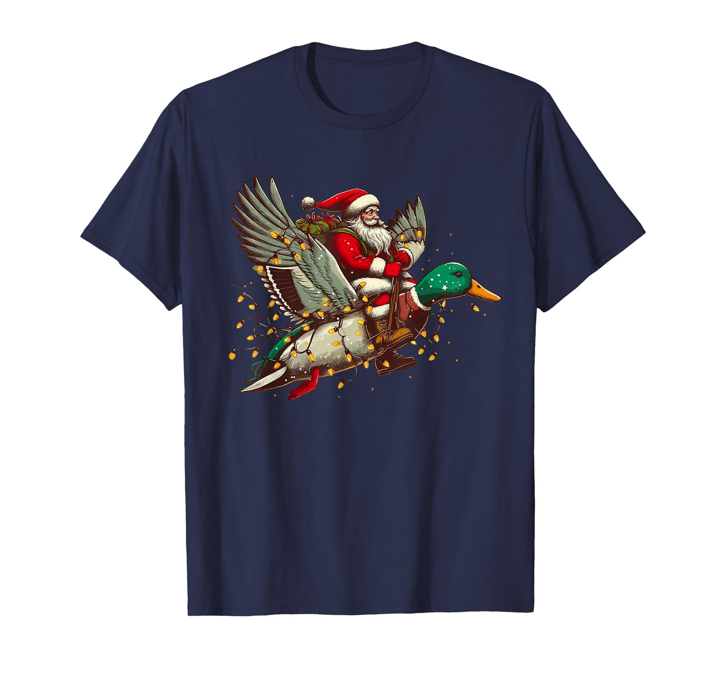 Santa Flying Mallard Duck Christmas Light Retro Hunting Duck T-Shirt