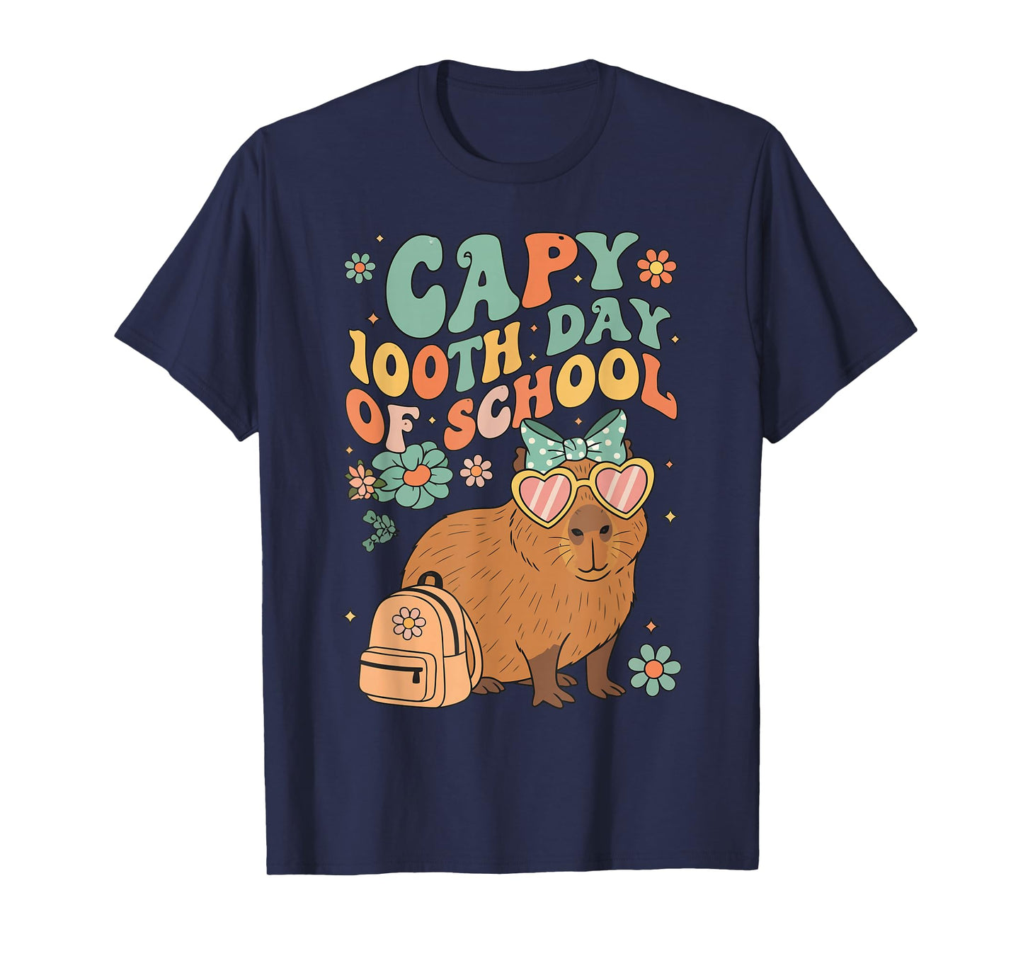 Capy 100th Day of School Groovy Flowers Capybara Design T-Shirt
