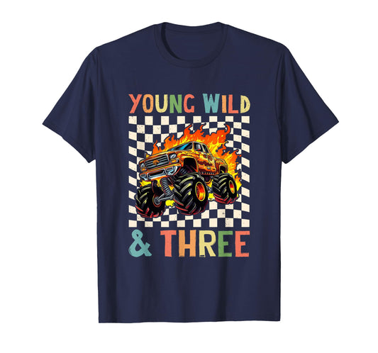 Young Wild and Three Monster Truck 3rd Birthday 3yrs Old Boy T-Shirt