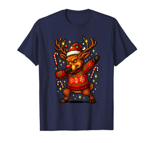Funny Dabbing Reindeer Ugly Christmas Sweater Rudolph Lights T-Shirt