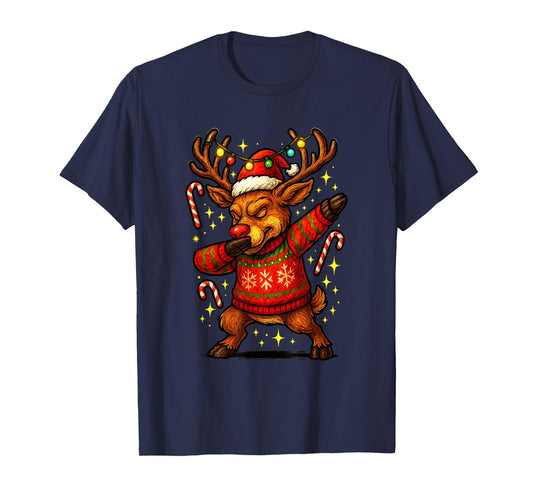 Funny Dabbing Reindeer Ugly Christmas Sweater Rudolph Lights T-Shirt