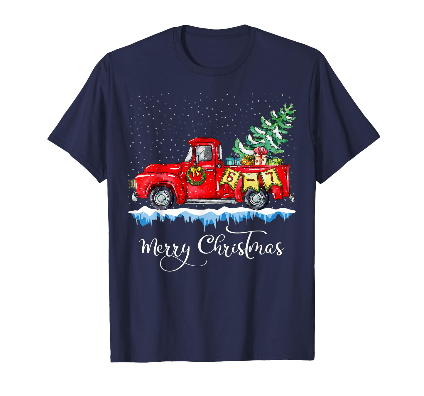 Fun 67 Meme with a Vintage Red Truck Merry Christmas 6 7 T-Shirt