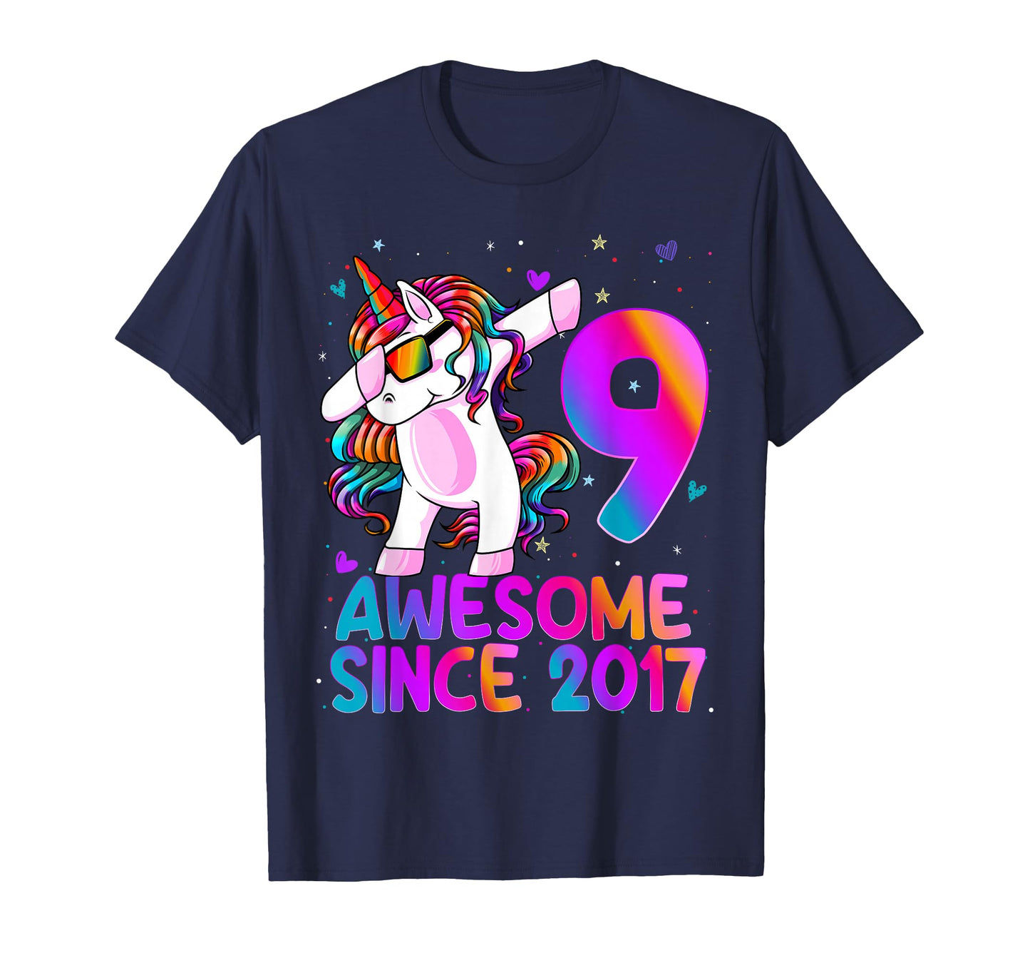 9 Year Old Girl Awesome Since 2017 Unicorn 9th Birthday Girl T-Shirt
