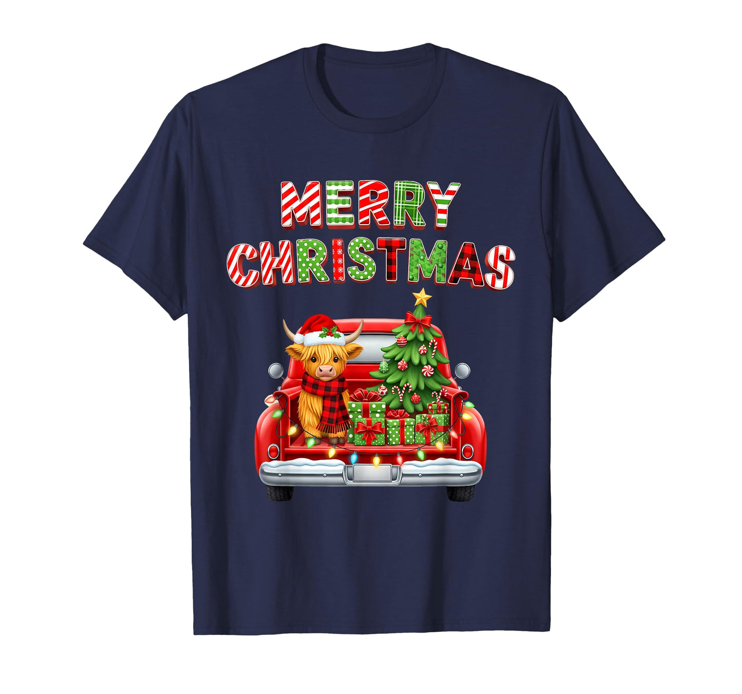 Merry Christmas Highland Cow Red Truck Matching Outfit Xmas T-Shirt