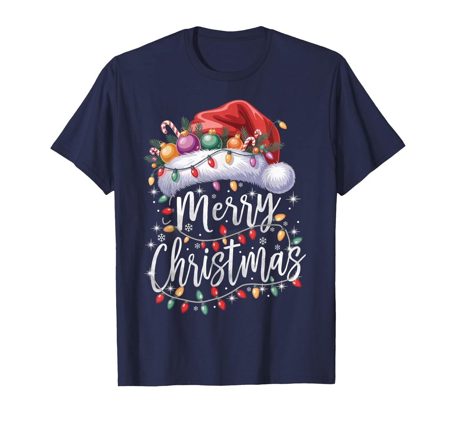 Merry Christmas Lights Red Santa Hat Family Matching Xmas T-Shirt