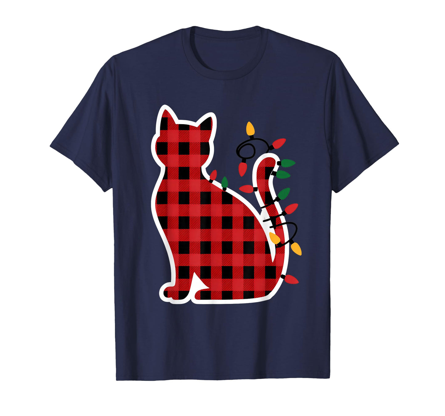 Red and Black Buffalo Plaid Cat Christmas Lights Men Women T-Shirt