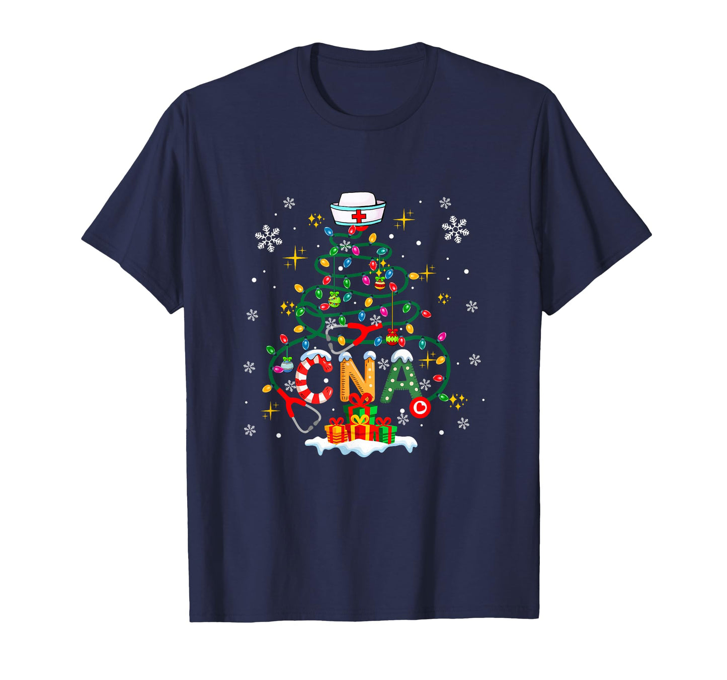 CNA Nurse Stethoscope Colorful Lights Xmas Tree Job Team T-Shirt