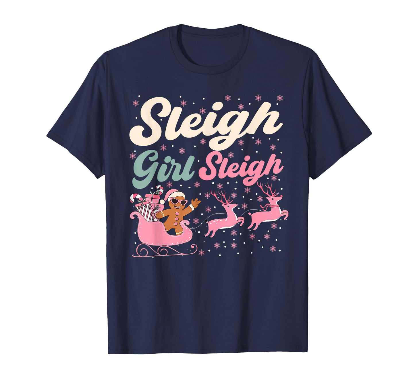 Christmas Gingerbread Pink Sleigh Girl Xmas Girls Kids Women T-Shirt