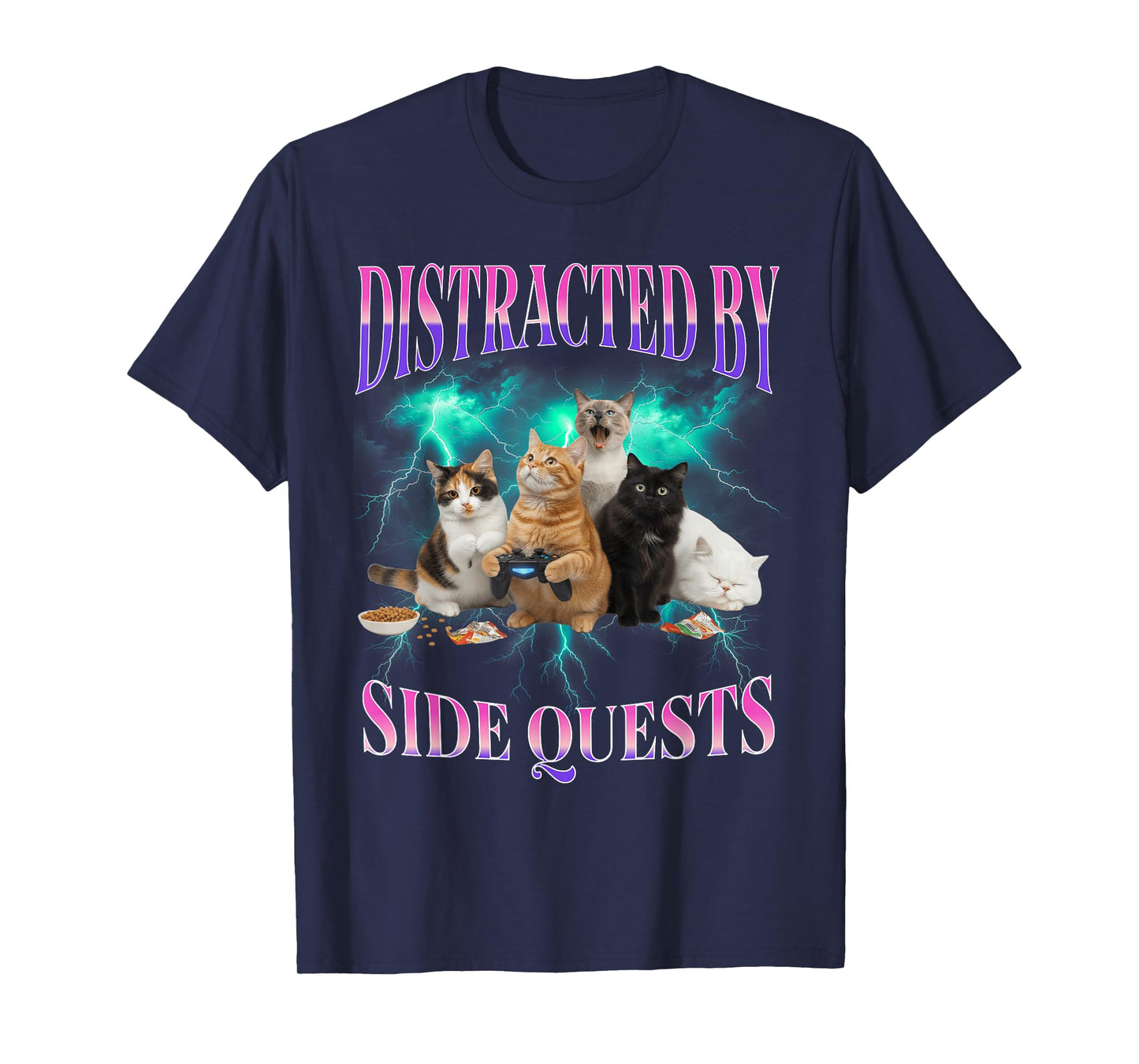 Cats Side Quest Distracted Tabletop Funny Men Bootleg 90s T-Shirt