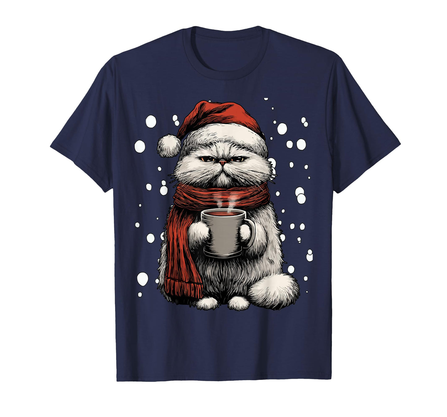 Christmas Persian Cat Santa Hat Coffee Lover Funny Winter T-Shirt