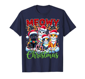 Meowy Christmas Reindeer Xmas Lights Santa Cat T-Shirt