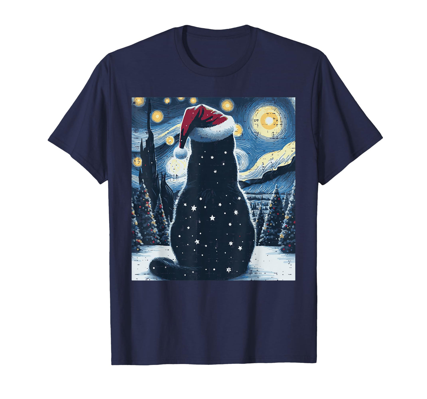 Christmas Black Cat Starry Night Xmas Van Gogh Men Women Kid T-Shirt