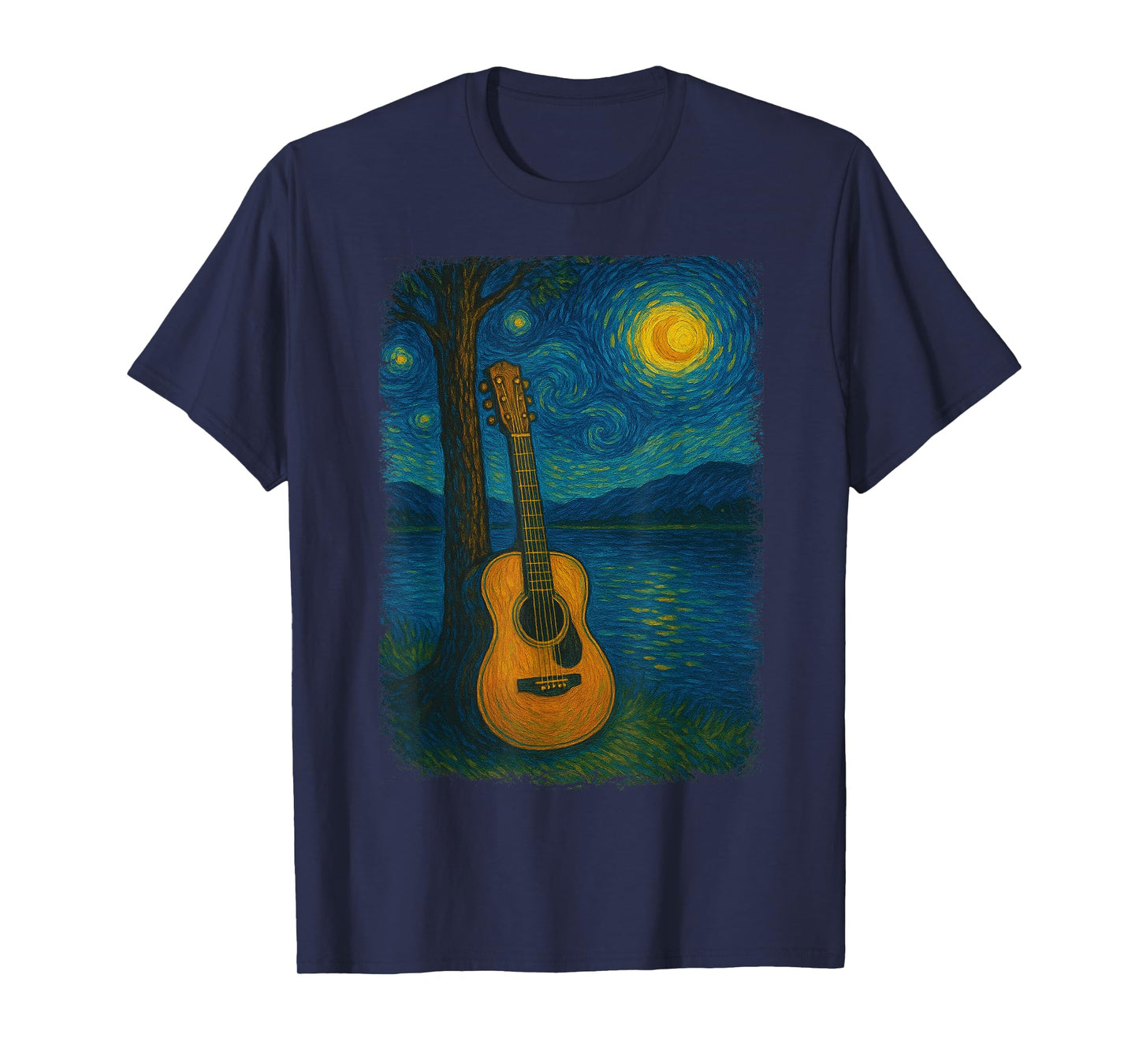 Acoustic Guitar Lake Starry Night Van Gogh Music Guitarist T-Shirt