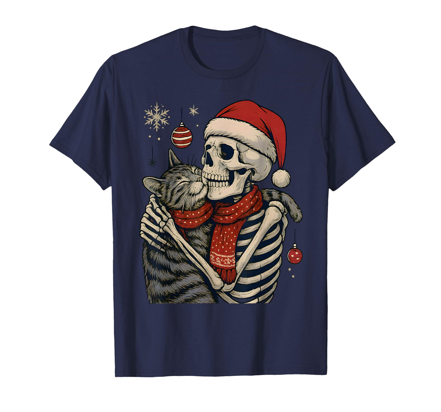Skeleton Hugging Cat Funny Gothic Christmas Catmas Women Men T-Shirt