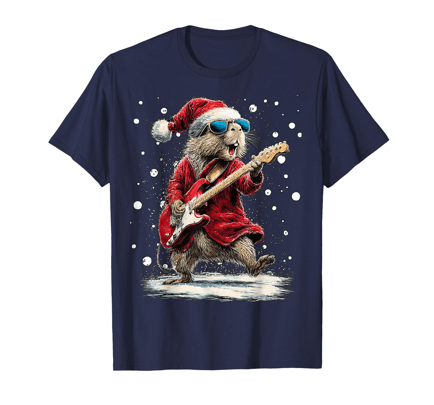 Christmas Capybara Playing Guitar Funny Musician Animal T-Shirt