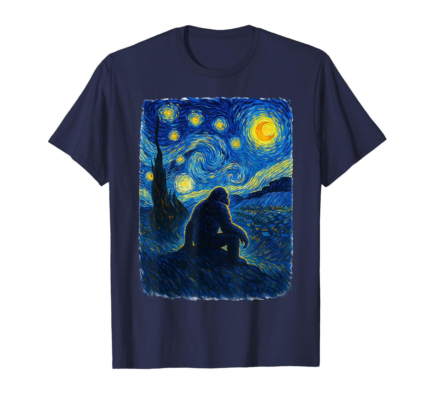 Bigfoot Starry Night Sasquatch Van Gogh Sky Painting Style T-Shirt