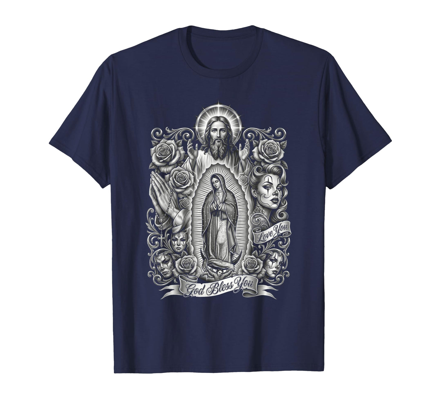 Chicano Style Payasa Jesus Virgin Mary Rosary Religious Art T-Shirt