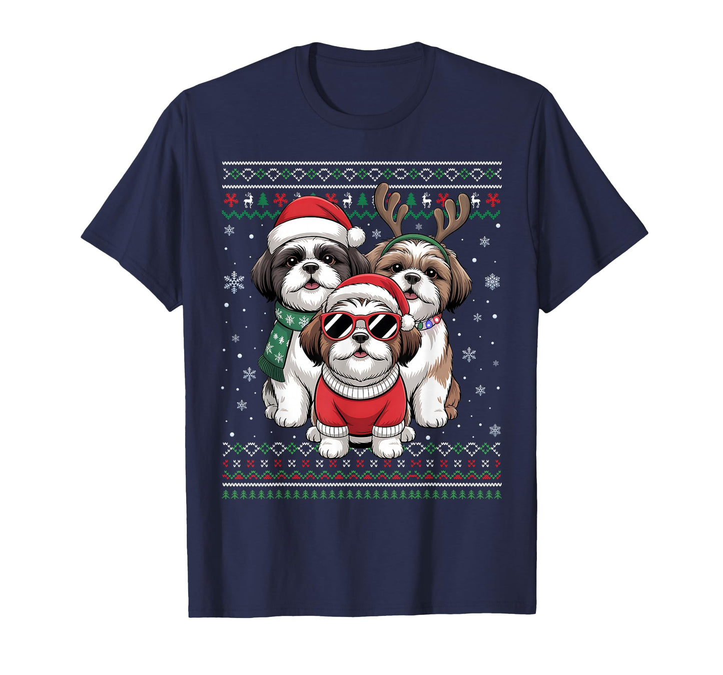 Shih Tzu Dog Ugly Xmas Santa Hat Reindeer Merry Christmas T-Shirt